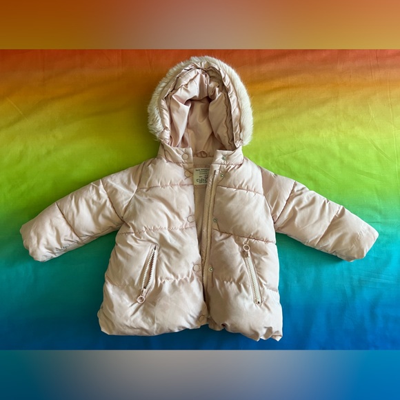 Zara Baby Girl pink hooded zip up puffer jacket with removable fur trim 2-3T - Picture 2 of 8
